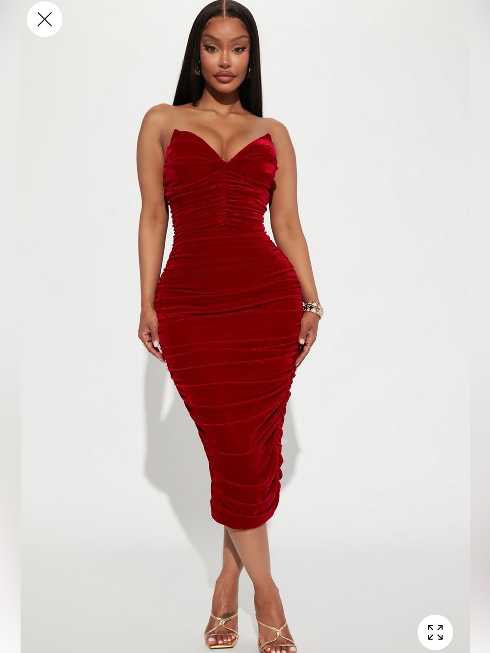 Fashion Nova Red Strapless Ruched Velvet Midi Dress